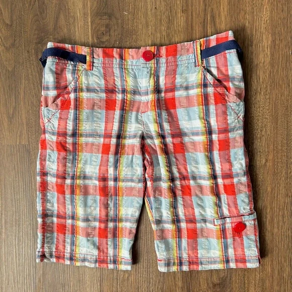 TAIKONHU Seersucker Plaid Patchwork Bermuda Shorts Preppy Coastal Y2K Style | S - Picture 3 of 15